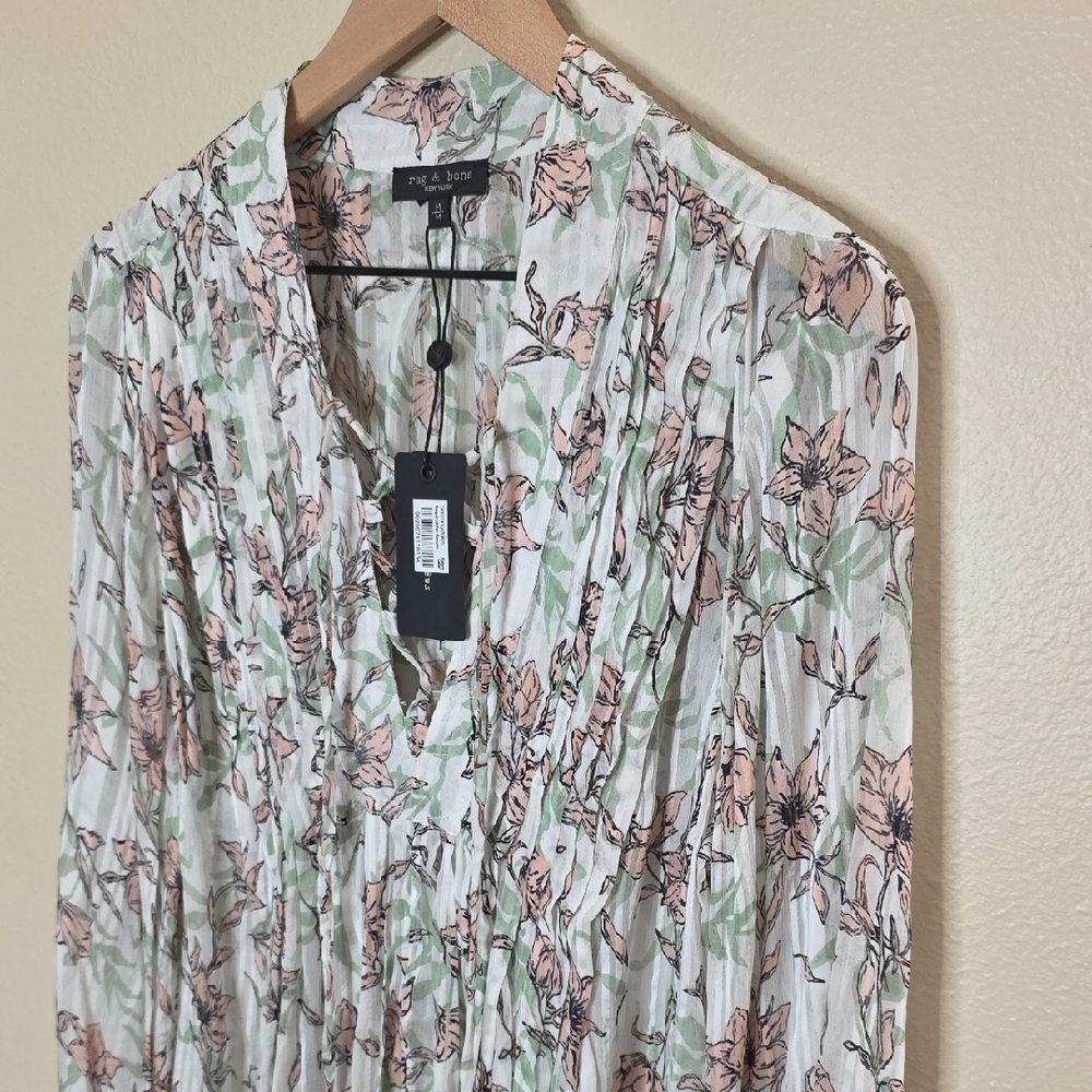 Rag & Bone Sachi Floral Lattice Blouse Green/White Women's Medium Boho Peasant - Picture 4 of 12